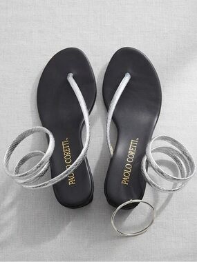 Vintage Paolo Coretti Silver Snakeskin Wrap Around Thong Wedge Sandals 7M